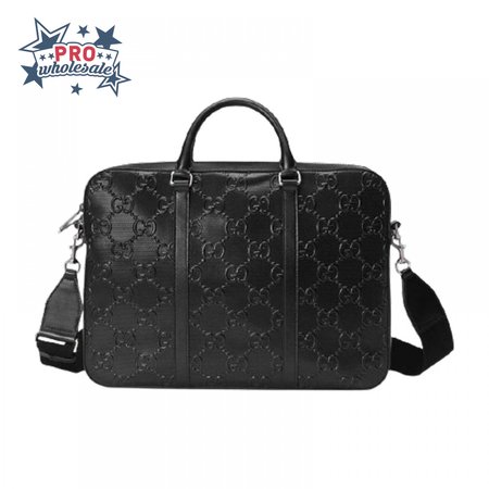 Gucci GG Embossed Briefcase Black Leather Cotton Linen Lining - GBC005