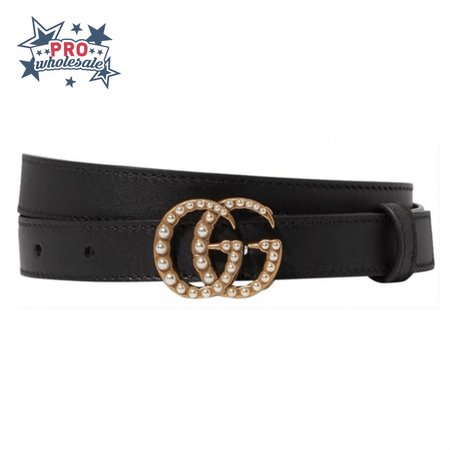 GUCCI BLACK FAUX PEARL-EMBELLISHED LEATHER BELT - B44